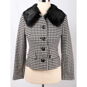Petite Sophisticate Houndstooth Fur Collar Blazer